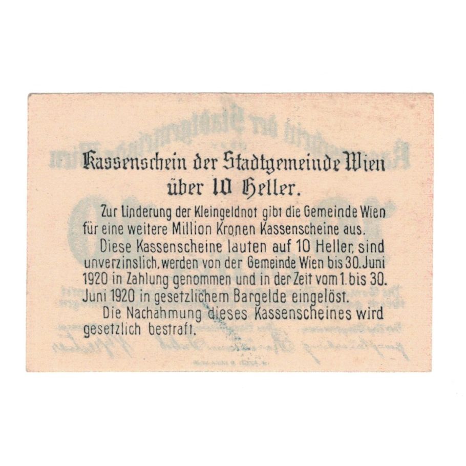 Billete, Austria, Wien N.Ö. Stadtgemeinde, 10 Heller, Texte, 1919, 1919-12-31