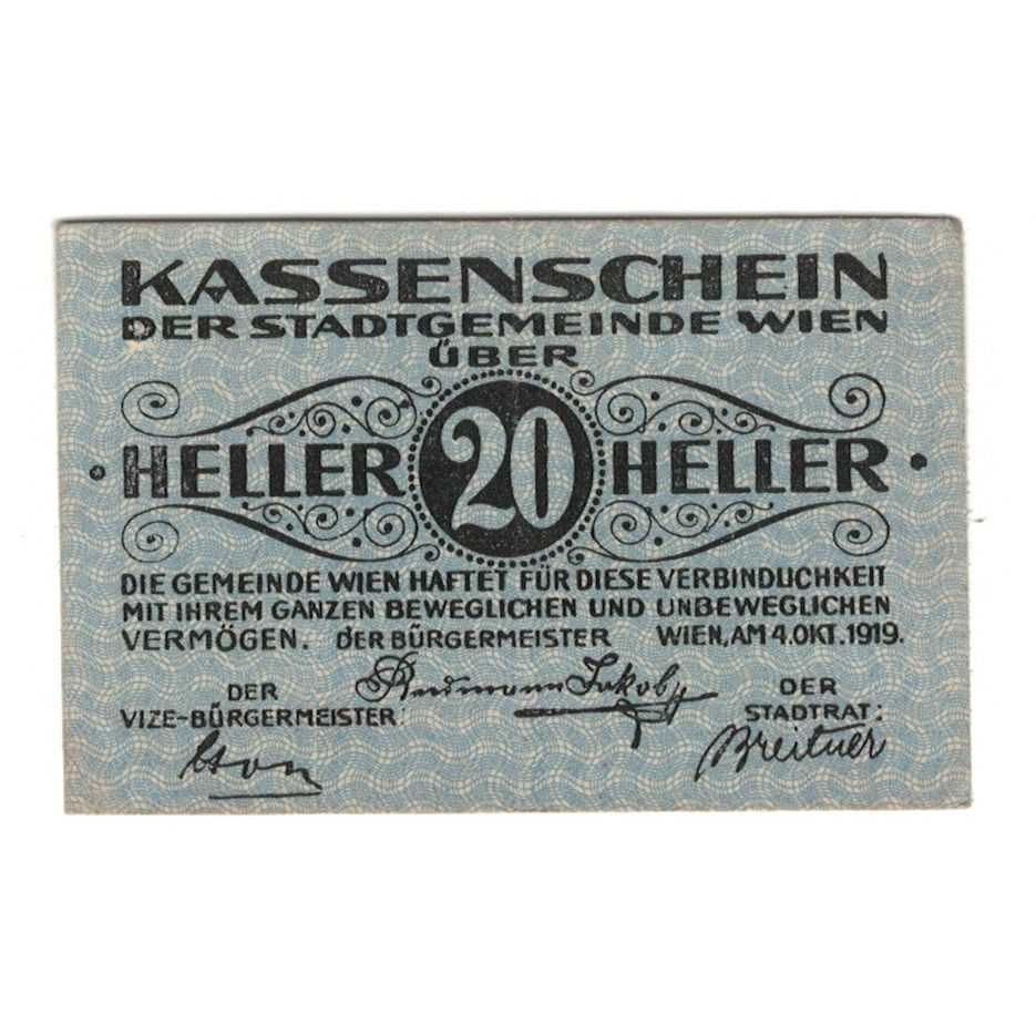 Billete, Austria, Wien N.Ö. Stadtgemeinde, 20 Heller, Texte, 1919, 1919-12-31
