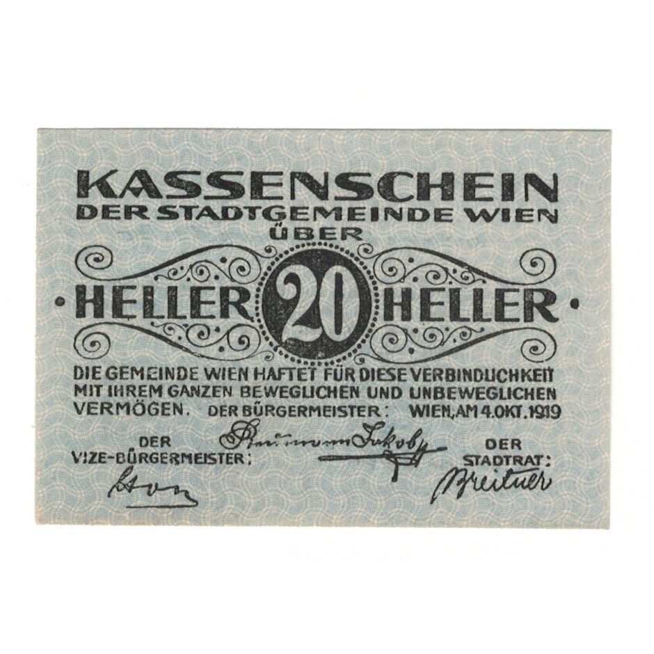 Billete, Austria, Wien N.Ö. Stadtgemeinde, 20 Heller, texte 1, 1919