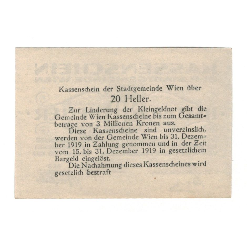 Billete, Austria, Wien N.Ö. Stadtgemeinde, 20 Heller, texte 1, 1919