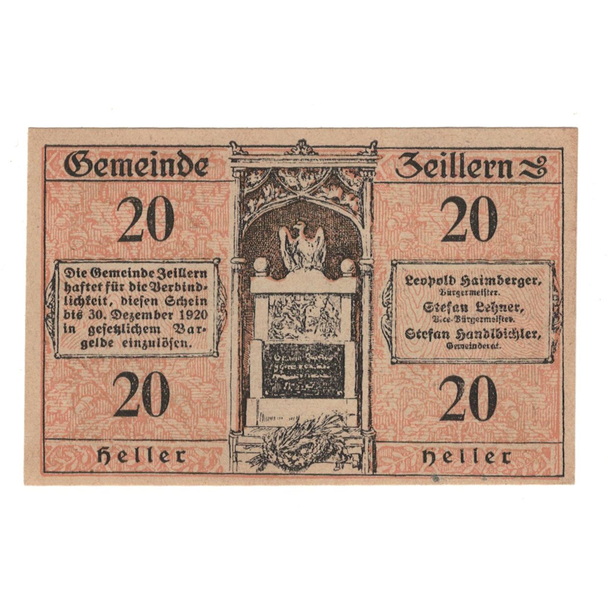 Billete, Austria, Zeillern N.Ö. Gemeinde, 20 Heller, paysage 1, 1920