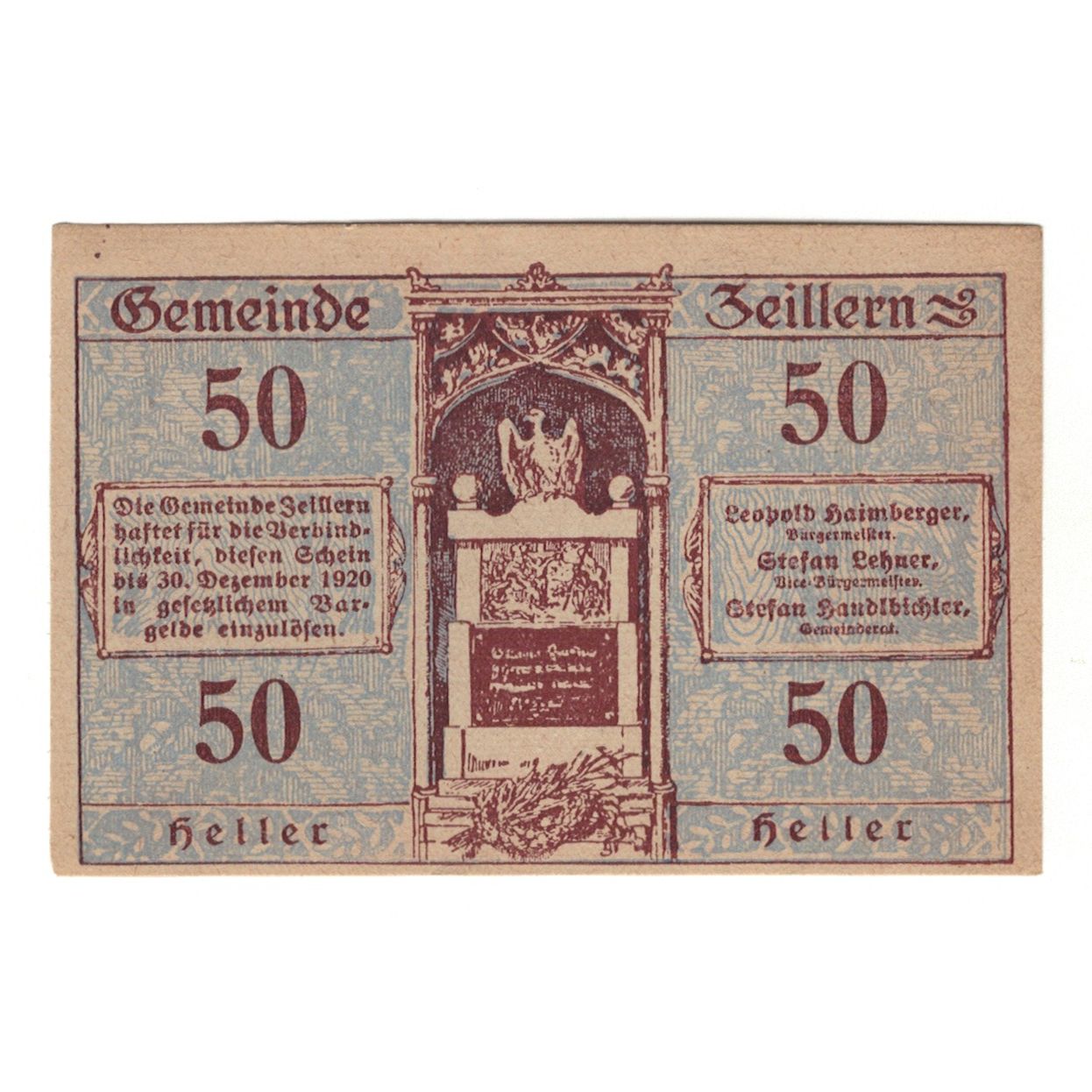 Billete, Austria, Zeillern N.Ö. Gemeinde, 50 Heller, paysage 1, 1920
