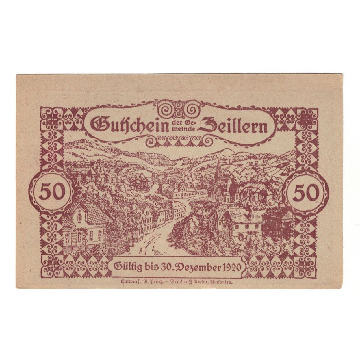Billete, Austria, Zeillern N.Ö. Gemeinde, 50 Heller, paysage 1, 1920
