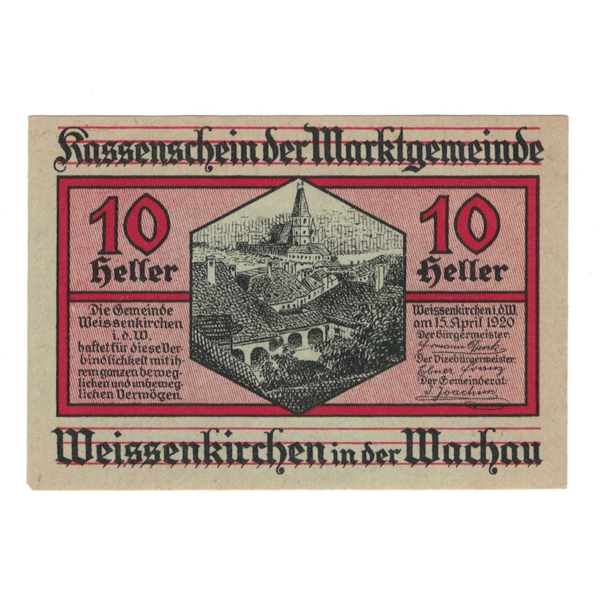 Billete, Austria, Weissenkirchen in der Wachau N.Ö. Marktgemeinde, 10 Heller