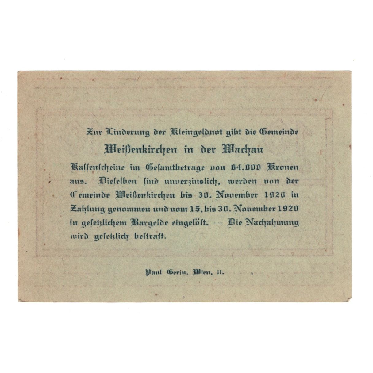 Billete, Austria, Weissenkirchen in der Wachau N.Ö. Marktgemeinde, 10 Heller