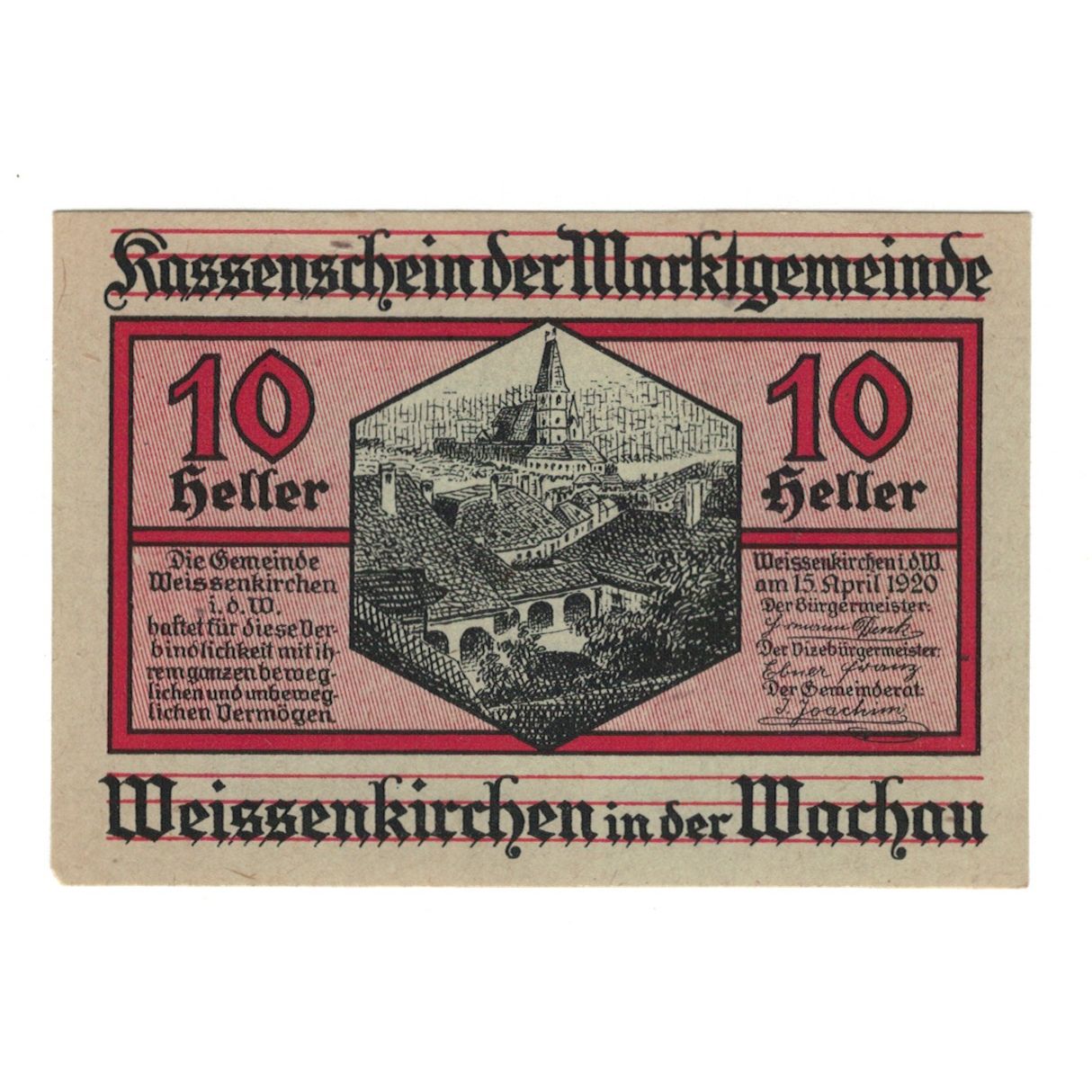 Billete, Austria, Weissenkirchen in der Wachau N.Ö. Marktgemeinde, 10 Heller