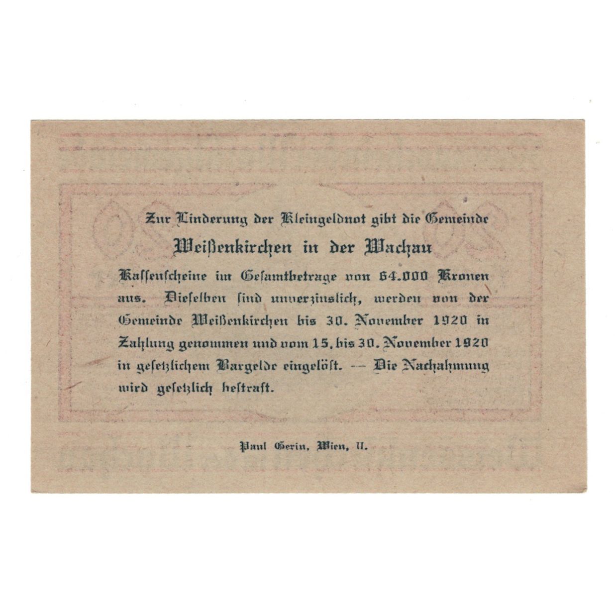 Billete, Austria, Weissenkirchen in der Wachau N.Ö. Marktgemeinde, 20 Heller