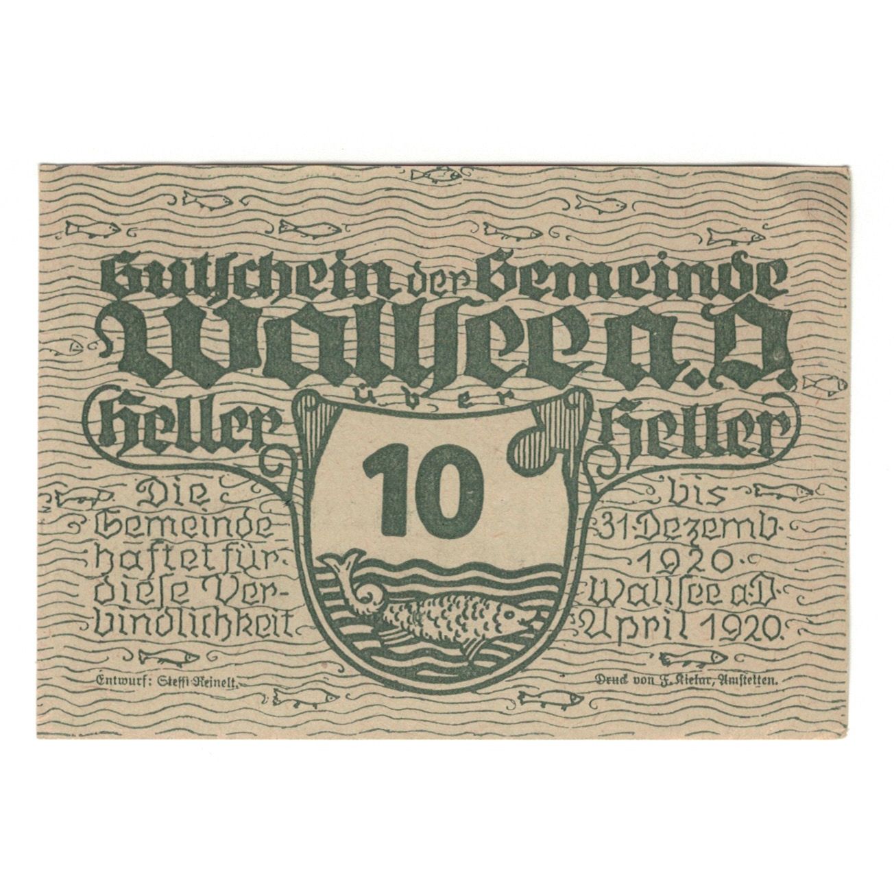 Billete, Austria, Wallsee N.Ö. Gemeinde, 10 Heller, valeur faciale 1, 1920
