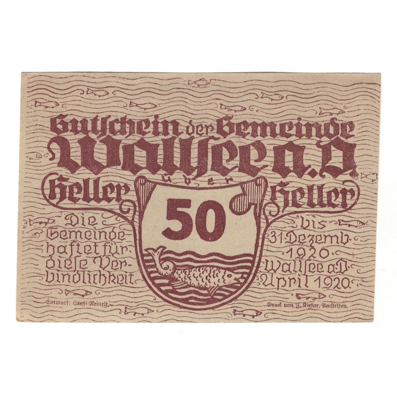 Billete, Austria, Wallsee N.Ö. Gemeinde, 50 Heller, valeur faciale 1, 1920