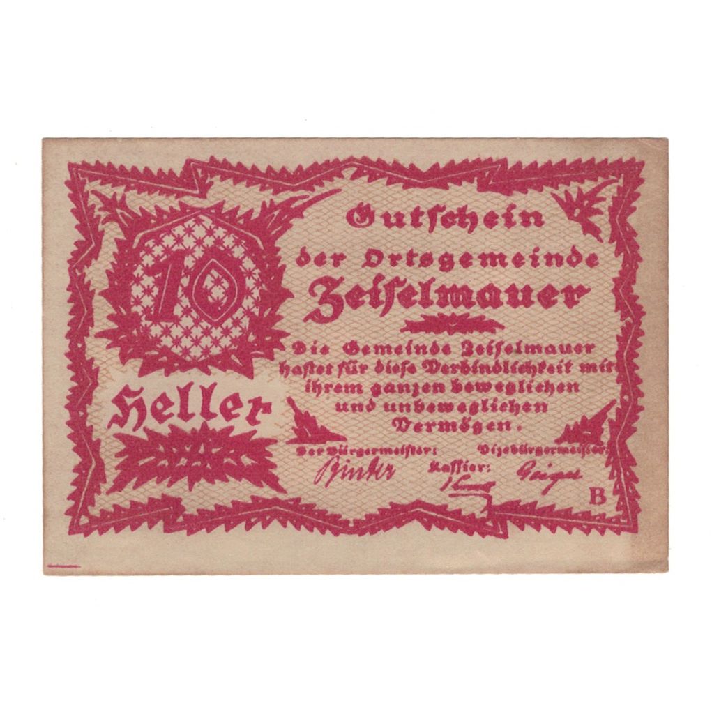 Billete, Austria, Zeiselmauer N.Ö. Ortsgemeinde, 10 Heller, Texte, 1920