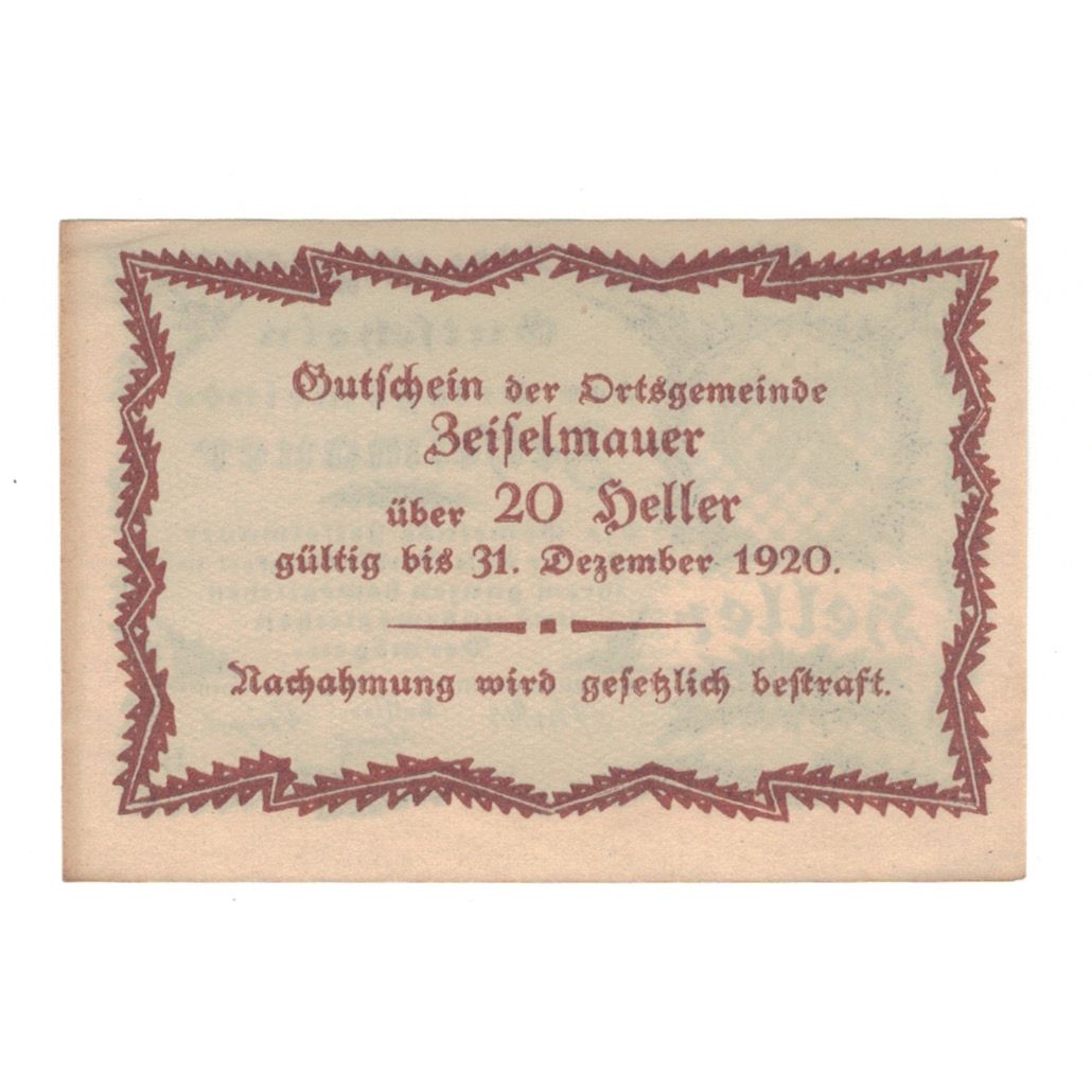 Billete, Austria, Zeiselmauer N.Ö. Ortsgemeinde, 20 Heller, Texte, 1920