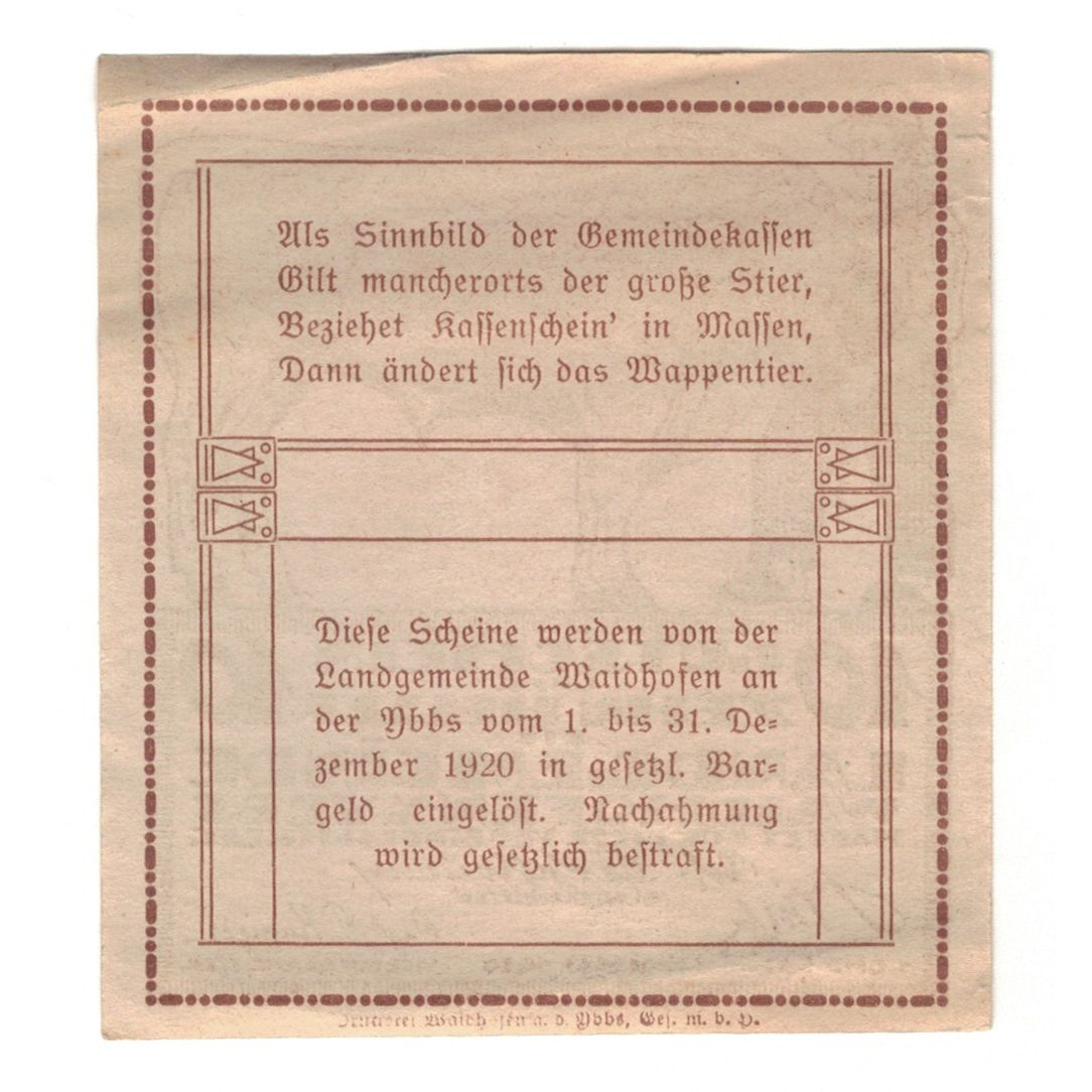 Billete, Austria, Waidhofen An Der Ybbs N.Ö. Landgemeinde, 10 Heller, Texte
