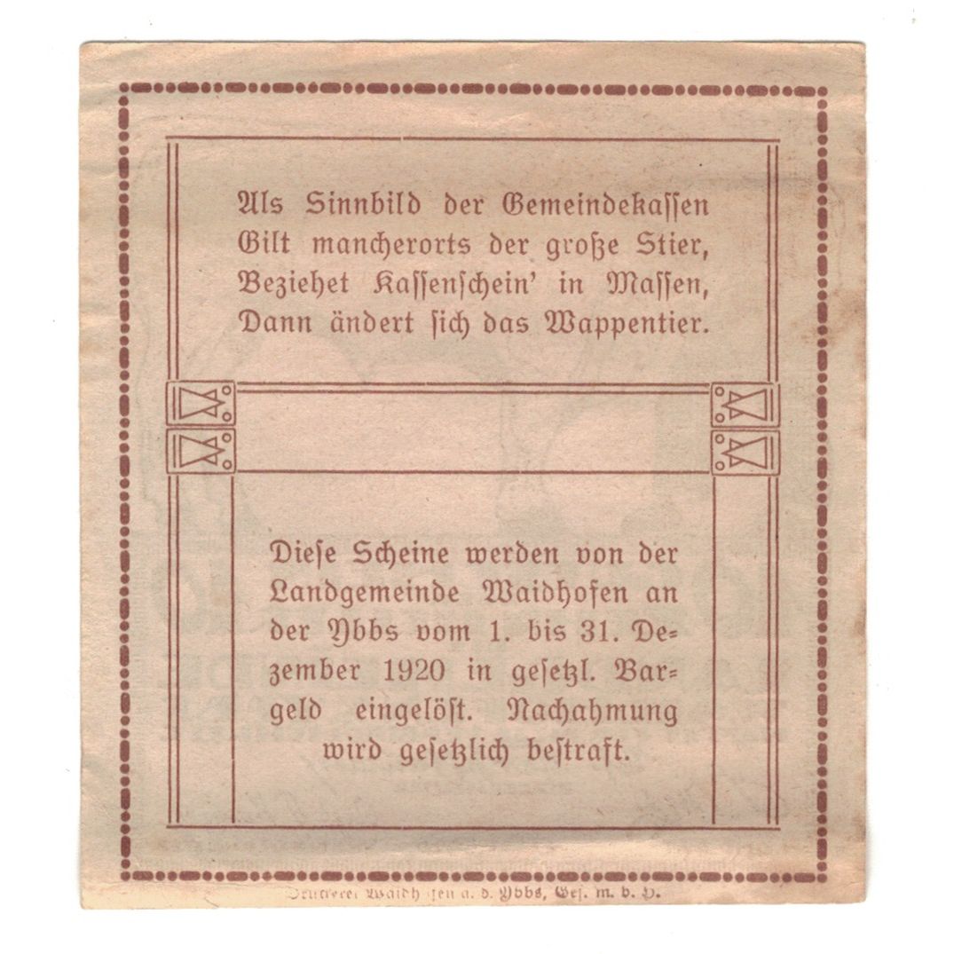 Billete, Austria, Waidhofen An Der Ybbs N.Ö. Landgemeinde, 10 Heller, texte 1