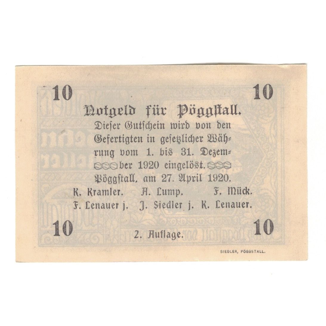 Billete, Austria, Pöggstall N.Ö. Prv. K Kramler A Lump F Mück, 10 Heller