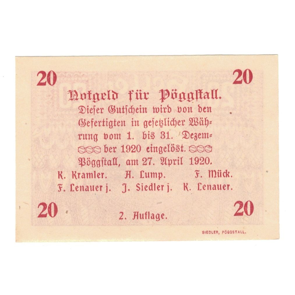 Billete, Austria, Pöggstall N.Ö. Prv. K Kramler A Lump F Mück, 20 Heller