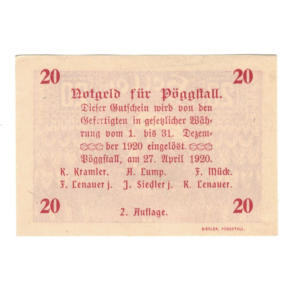 Billete, Austria, Pöggstall N.Ö. Prv. K Kramler A Lump F Mück, 20 Heller