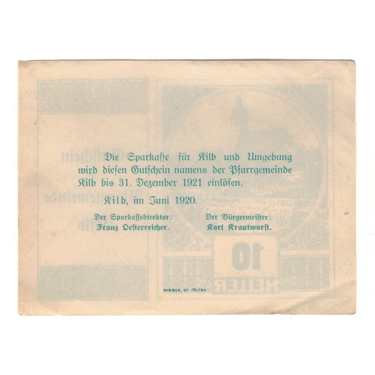 Billete, Austria, Kilb N.Ö. Prv. Pfarrgemeinde, 10 Heller, Texte, 1920
