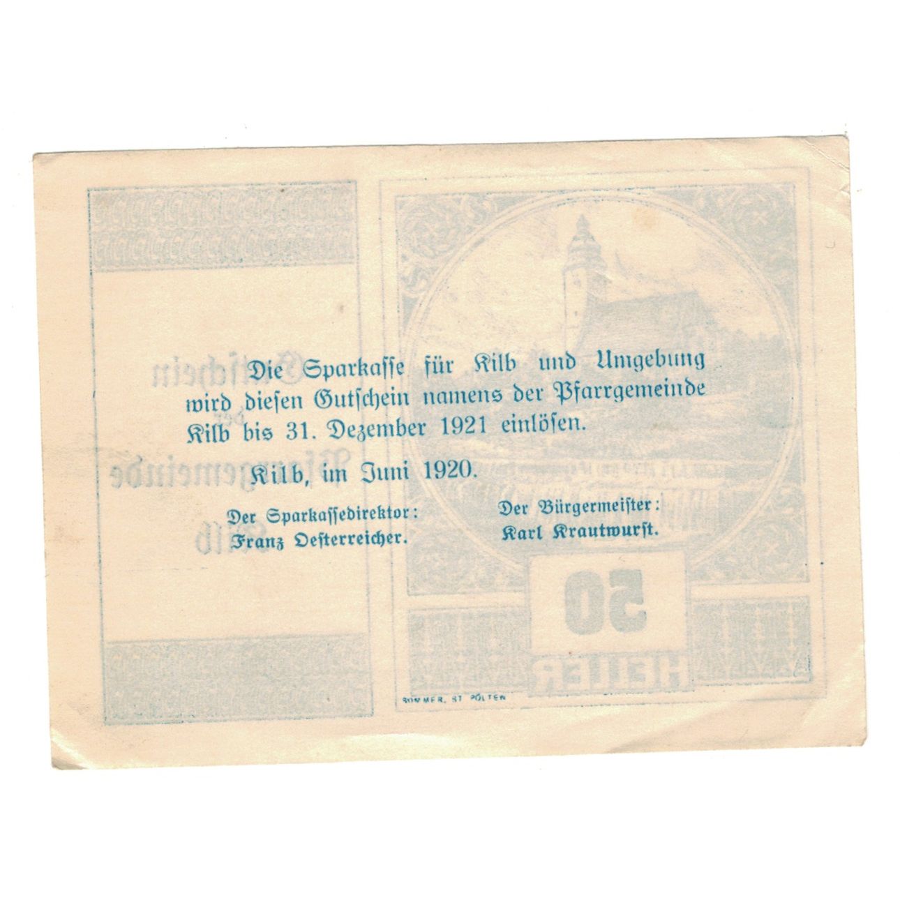 Billete, Austria, Kilb N.Ö. Prv. Pfarrgemeinde, 50 Heller, Texte, 1920