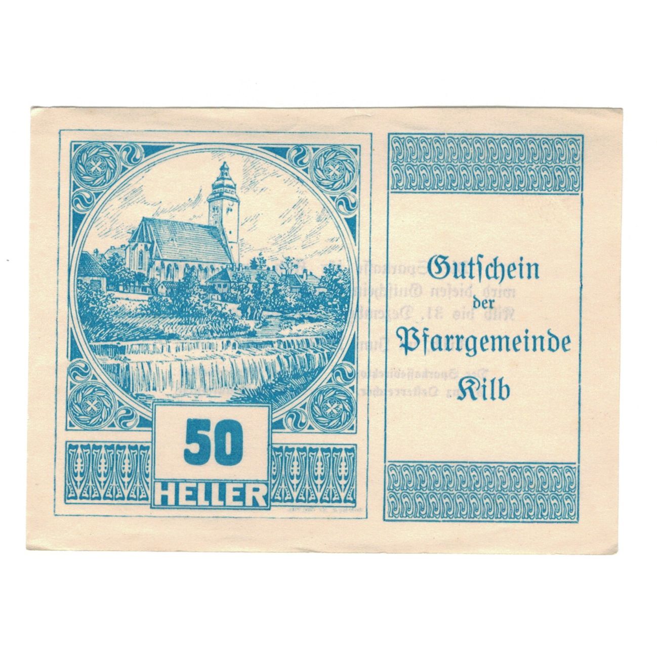 Billete, Austria, Kilb N.Ö. Prv. Pfarrgemeinde, 50 Heller, texte 1, 1920