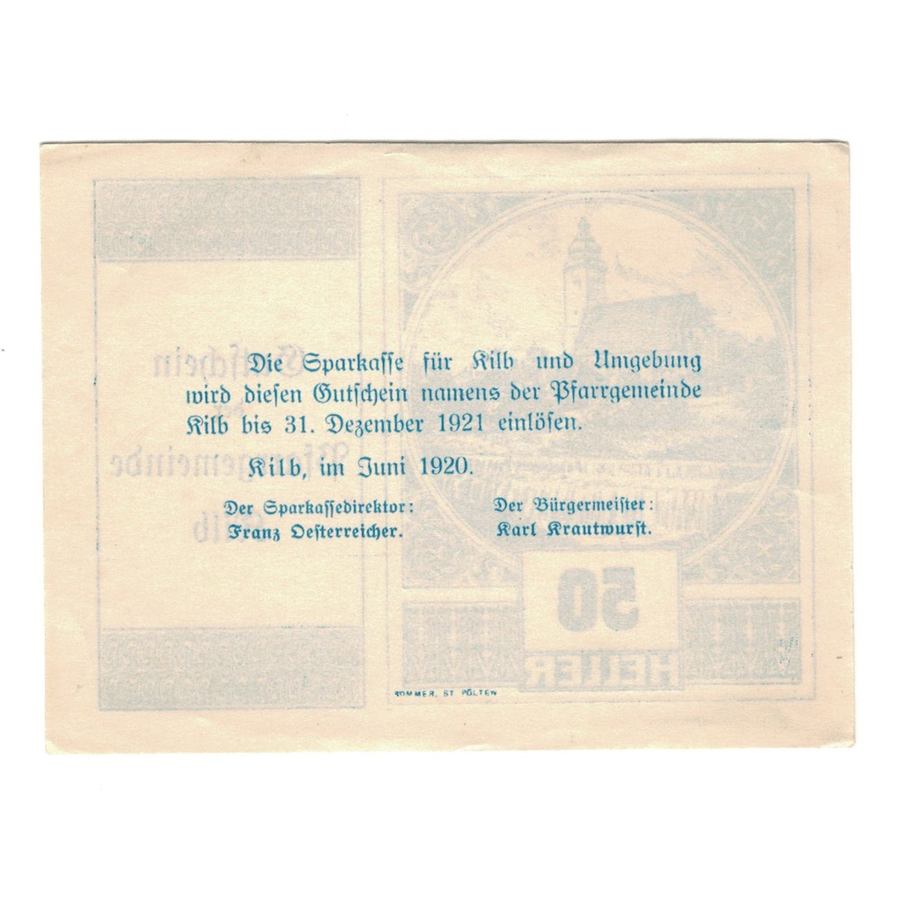 Billete, Austria, Kilb N.Ö. Prv. Pfarrgemeinde, 50 Heller, texte 1, 1920
