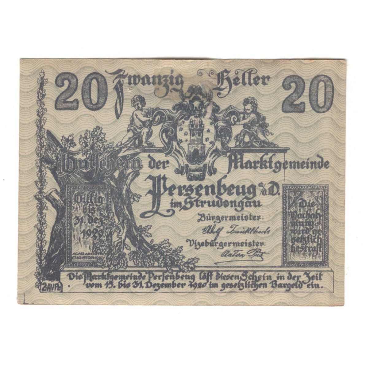 Billete, Austria, Persenbeug N.Ö. Marktgemeinde, 20 Heller, route, 1920