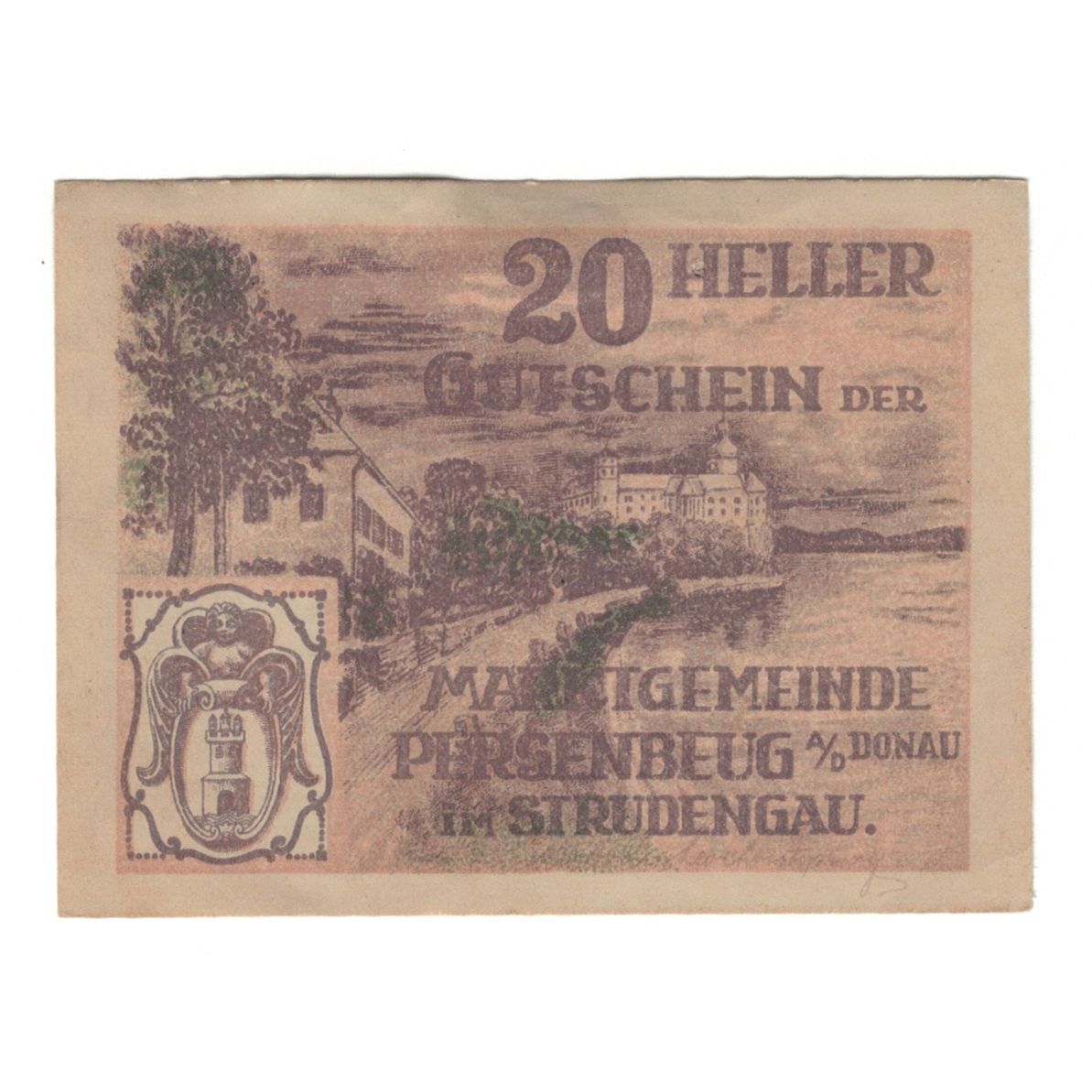Billete, Austria, Persenbeug N.Ö. Marktgemeinde, 20 Heller, route, 1920