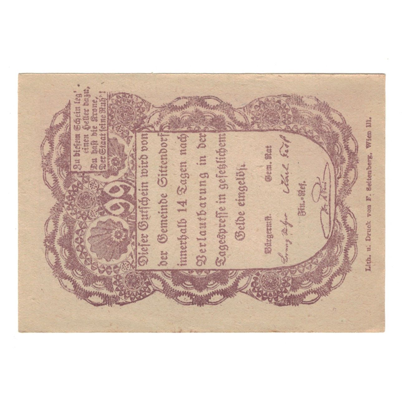 Billete, Austria, Sittendorf N.Ö. Gemeinde, 99 Heller, texte 1, EBC, Mehl:FS