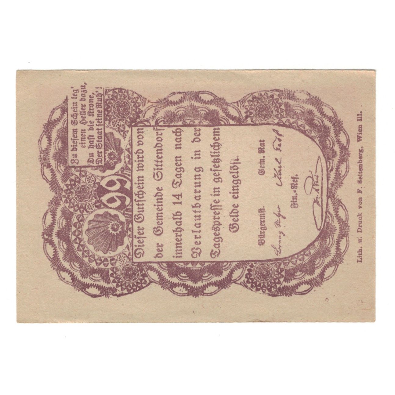Billete, Austria, Sittendorf N.Ö. Gemeinde, 99 Heller, Texte 2, EBC, Mehl:FS