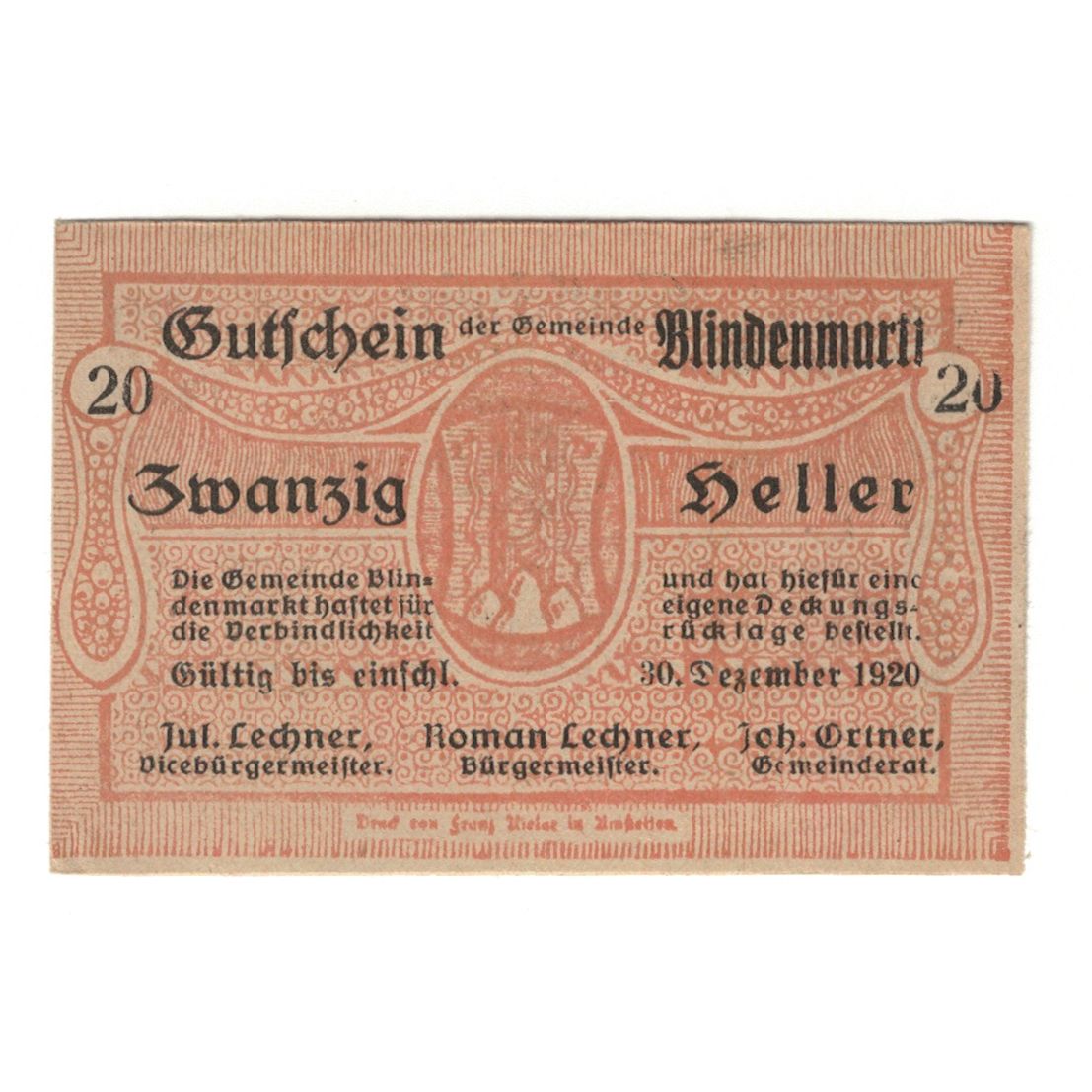 Billete, Austria, Blindenmarkt N.Ö. Gemeinde, 20 Heller, texte 1, 1920