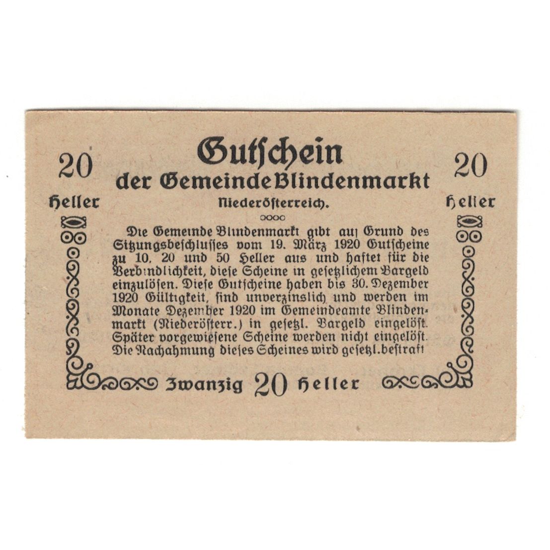 Billete, Austria, Blindenmarkt N.Ö. Gemeinde, 20 Heller, texte 1, 1920