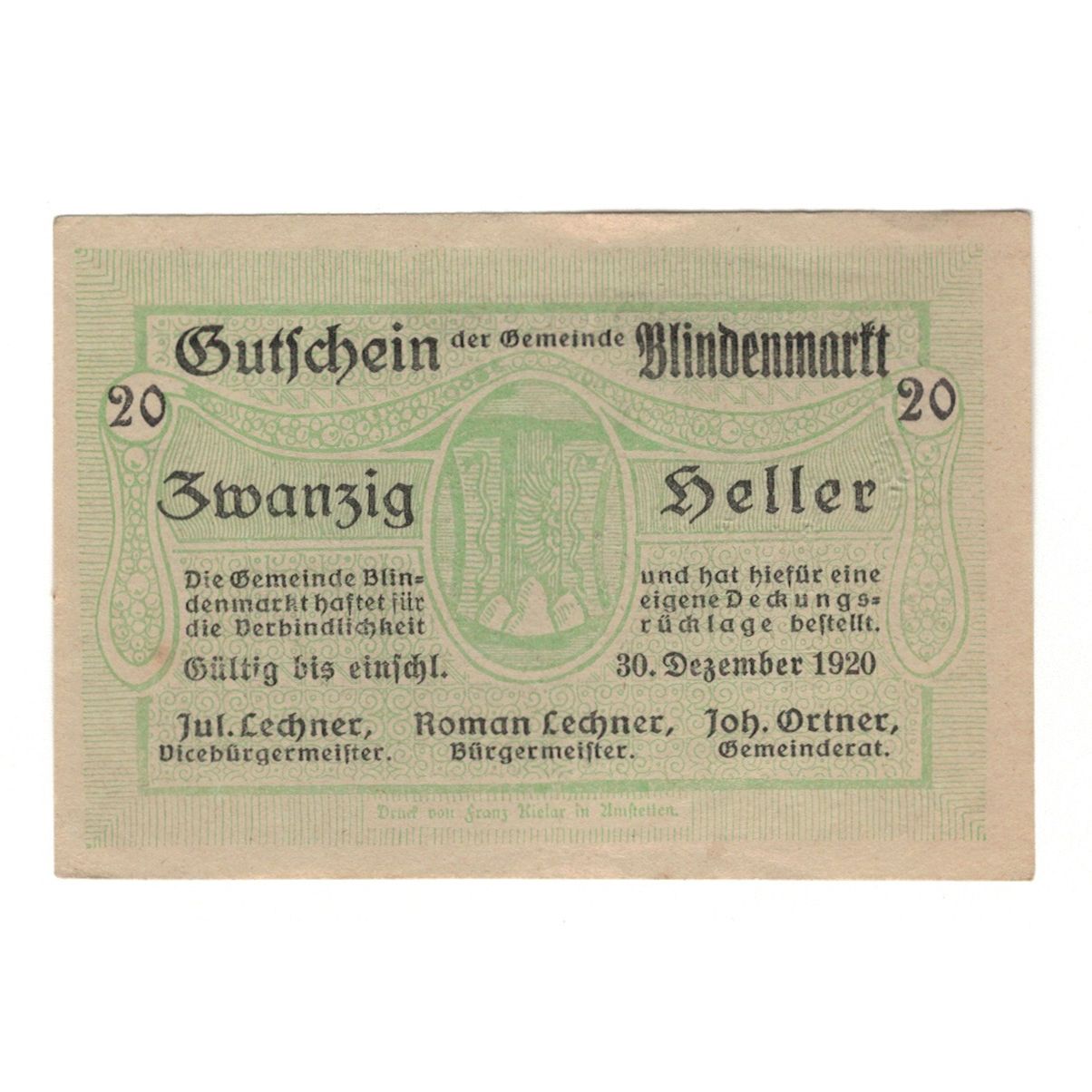 Billete, Austria, Blindenmarkt N.Ö. Gemeinde, 20 Heller, Texte 2, 1920