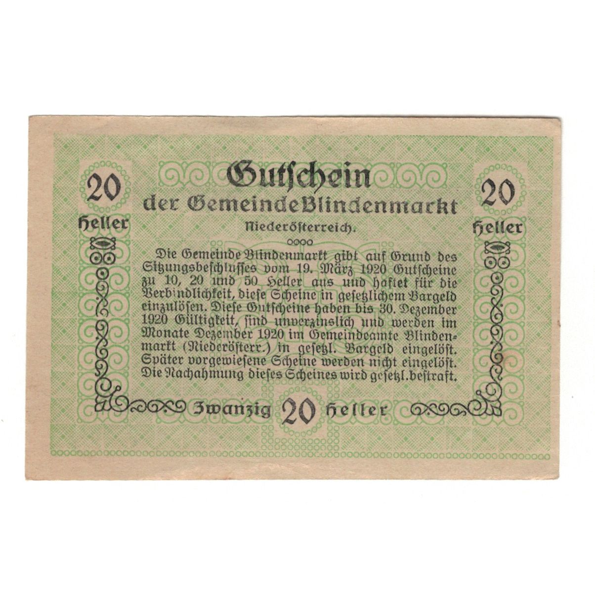 Billete, Austria, Blindenmarkt N.Ö. Gemeinde, 20 Heller, Texte 2, 1920