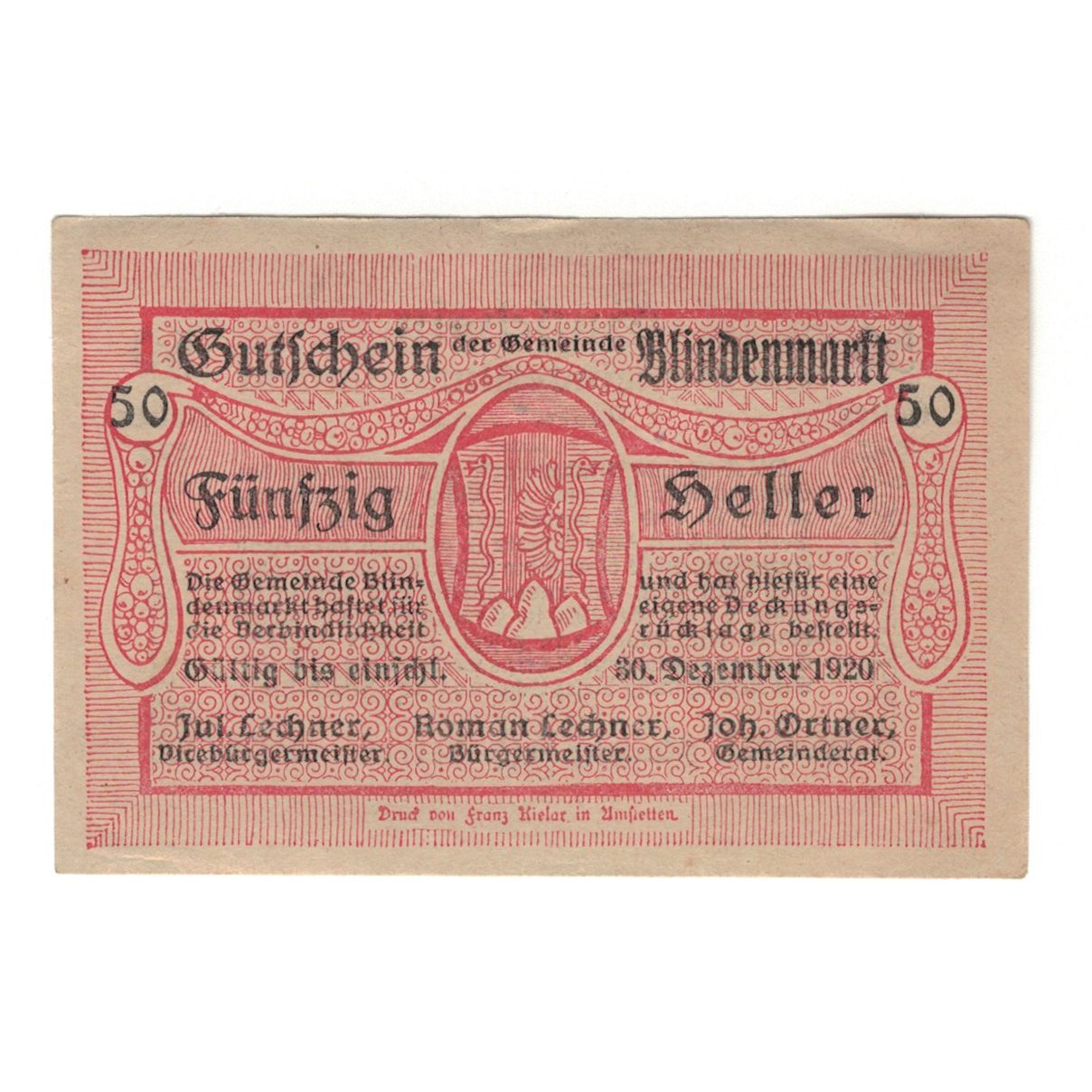 Billete, Austria, Blindenmarkt N.Ö. Gemeinde, 50 Heller, texte 1, 1920