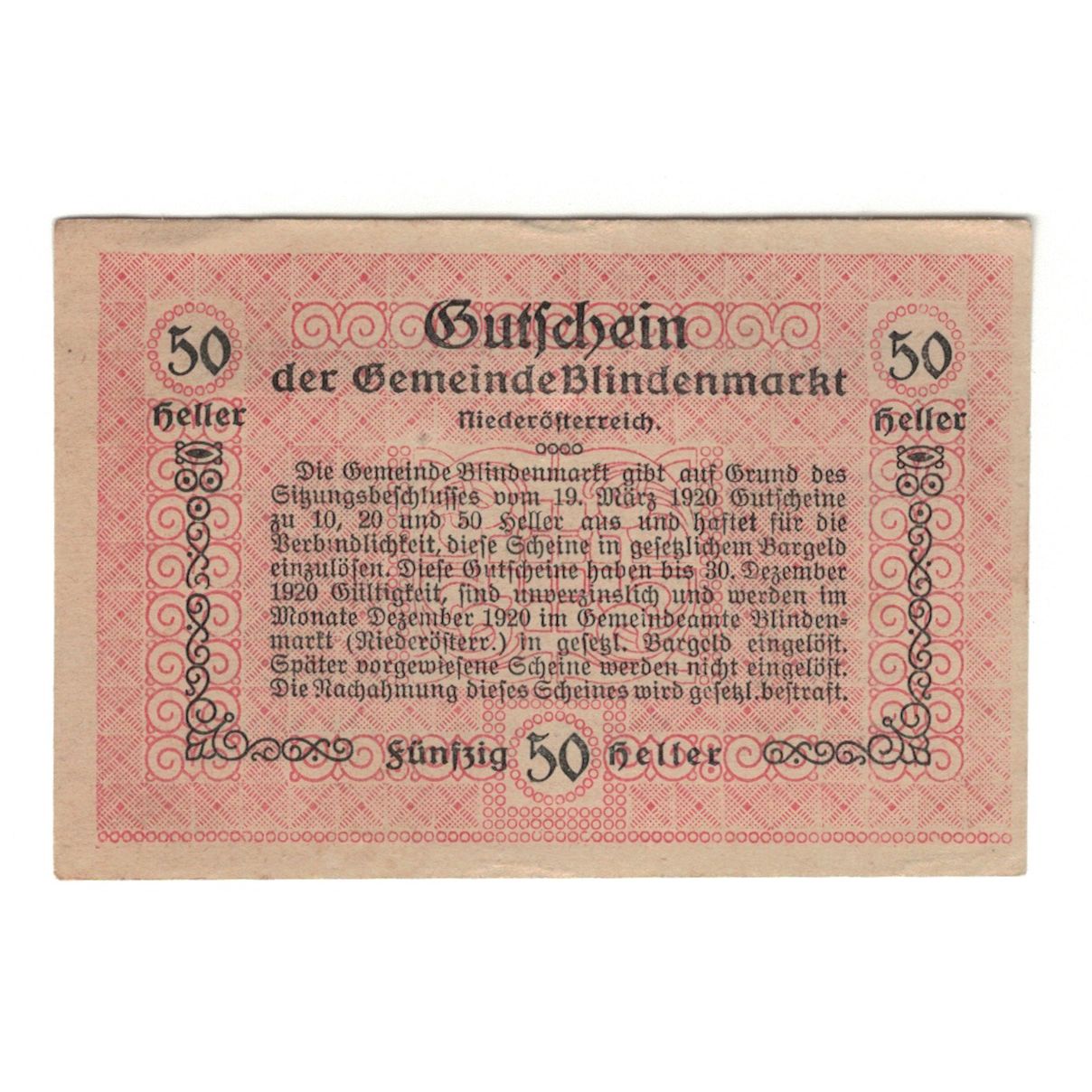 Billete, Austria, Blindenmarkt N.Ö. Gemeinde, 50 Heller, texte 1, 1920
