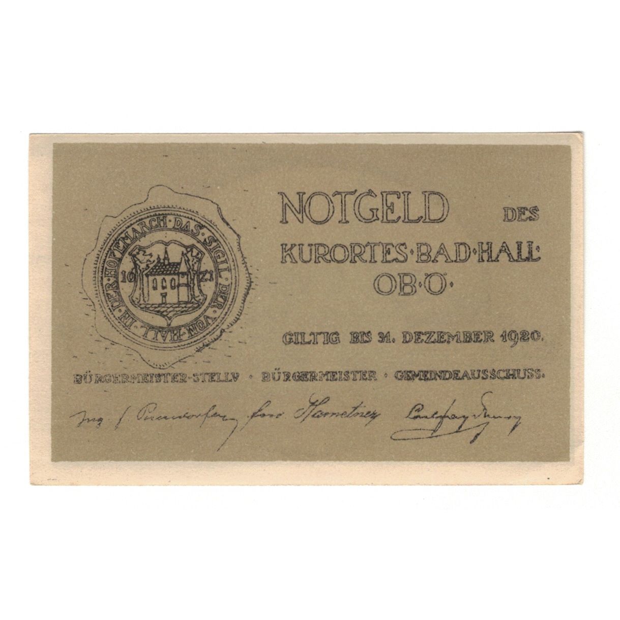Billete, Austria, Bad Hall O.Ö. Gemeinde, 50 Heller, village, 1920, 1920-12-31