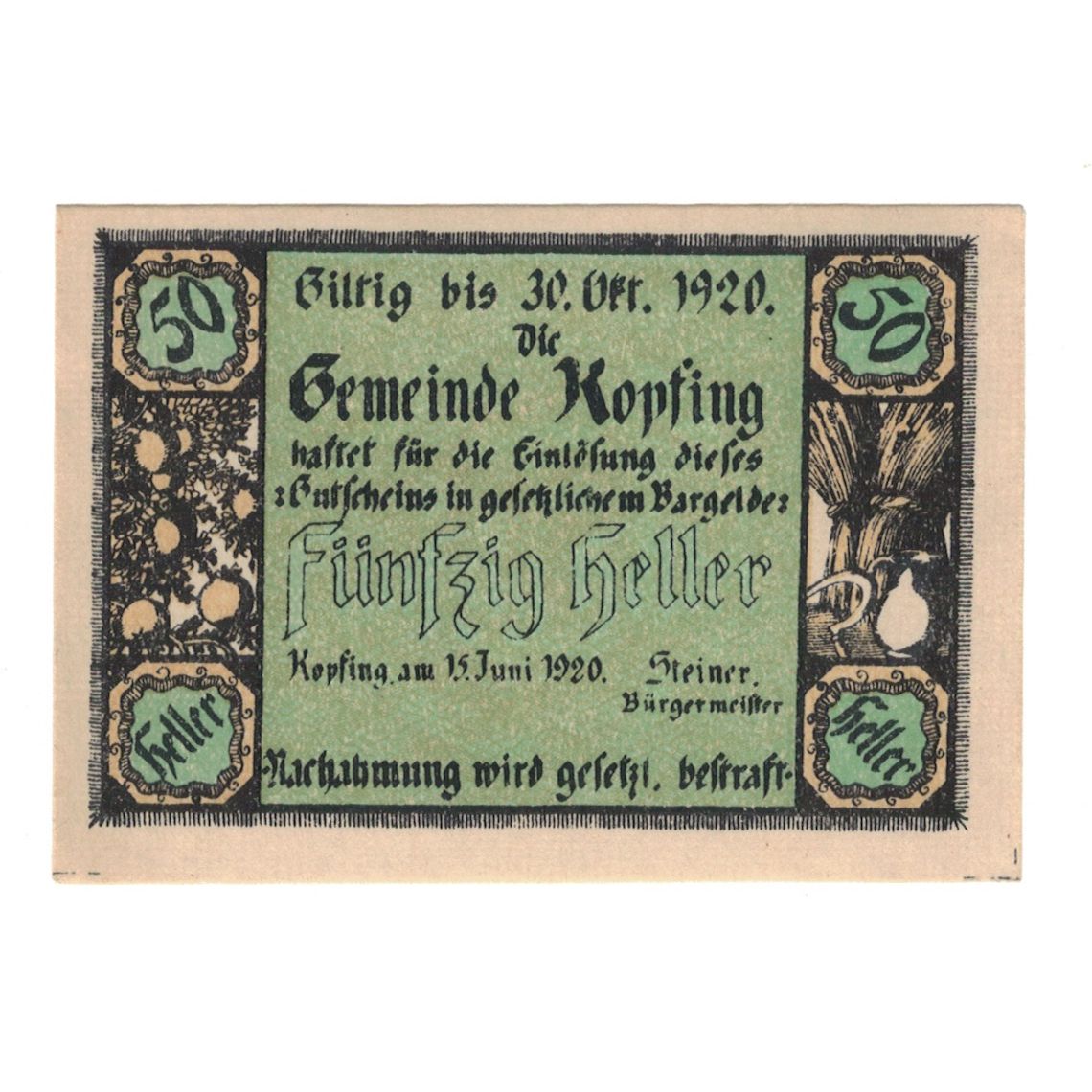 Billete, Austria, Kopfing O.Ö. Gemeinde, 50 Heller, valeur faciale, 1920