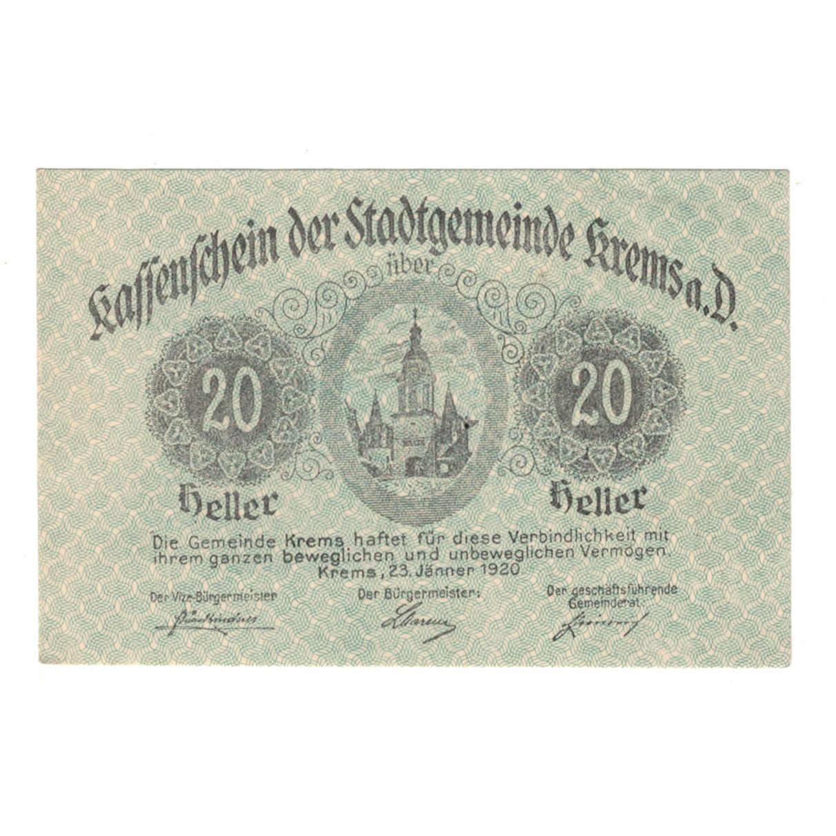 Billete, Austria, Krems N.Ö. Stadtgemeinde, 20 Heller, texte 1, 1920