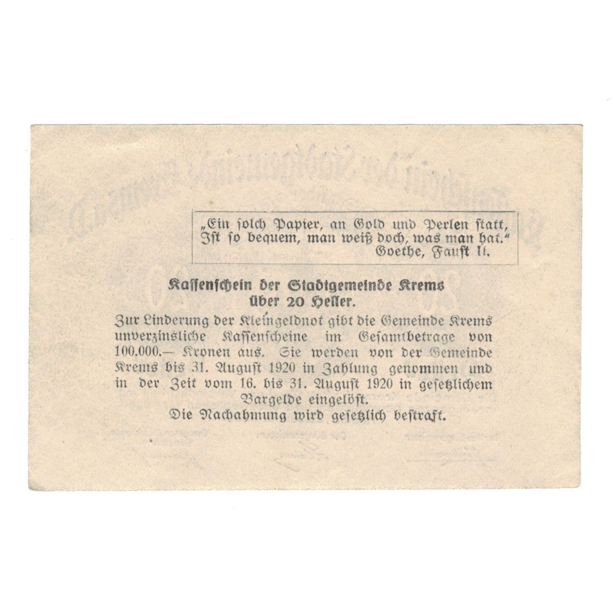 Billete, Austria, Krems N.Ö. Stadtgemeinde, 20 Heller, texte 1, 1920