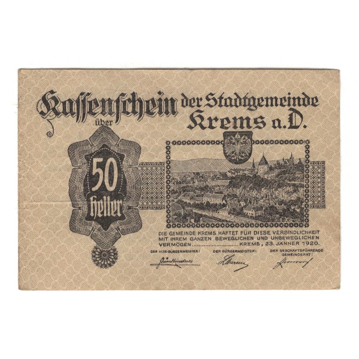 Billete, Austria, Krems N.Ö. Stadtgemeinde, 50 Heller, Texte, 1920, 1920-08-31