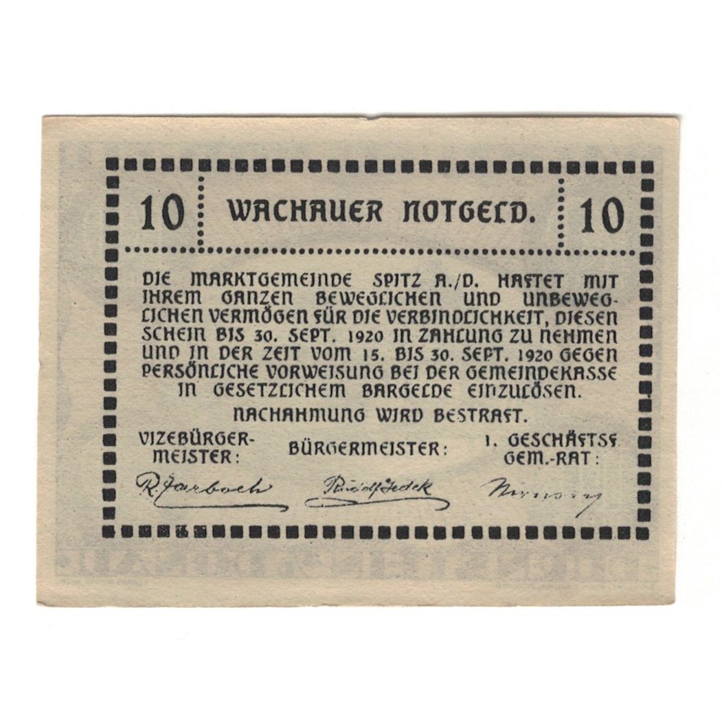 Billete, Austria, Wachauer Notgeld Dürnstein N.Ö. Gemeinde, 10 Heller, Texte