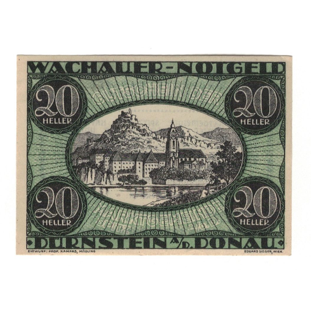 Billete, Austria, Wachauer Notgeld Dürnstein N.Ö. Gemeinde, 20 Heller, Texte