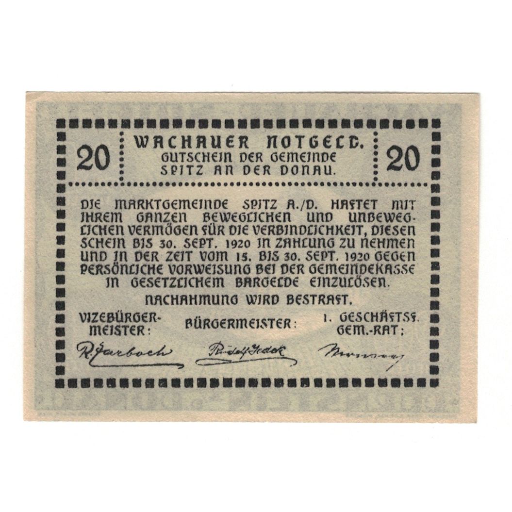 Billete, Austria, Wachauer Notgeld Dürnstein N.Ö. Gemeinde, 20 Heller, Texte