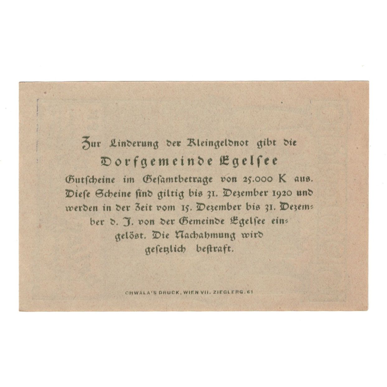 Billete, Austria, Egelsee N.Ö. Dorfgemeinde, 10 Heller, texte 1, 1920