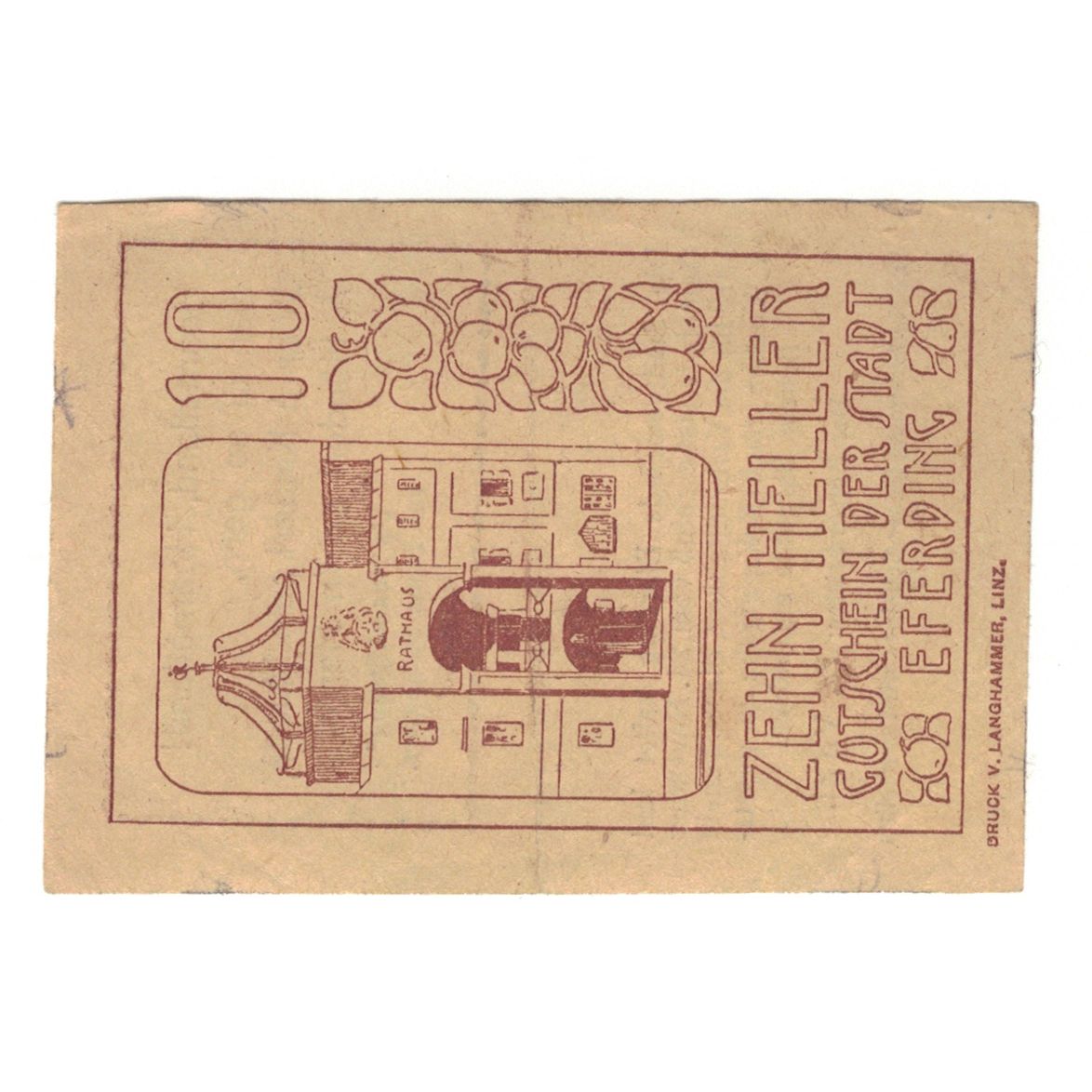 Billete, Austria, Eferding O.Ö. Stadtgemeinde, 10 Heller, Texte, 1919