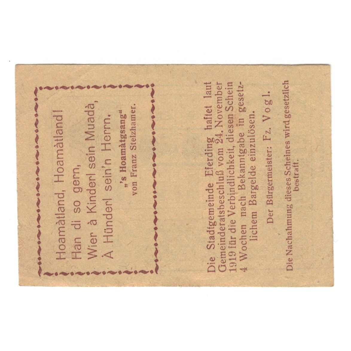 Billete, Austria, Eferding O.Ö. Stadtgemeinde, 10 Heller, Texte, 1919