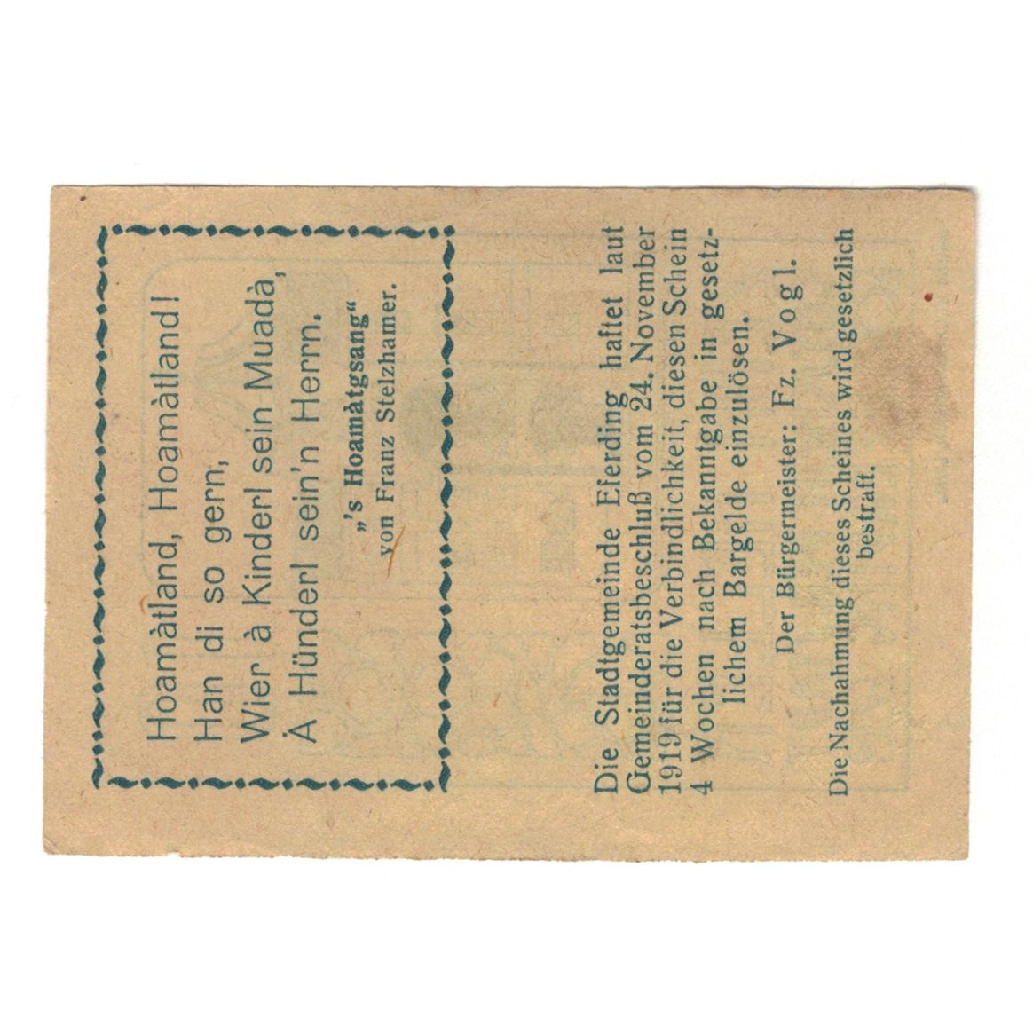 Billete, Austria, Eferding O.Ö. Stadtgemeinde, 10 Heller, texte 1, 1919
