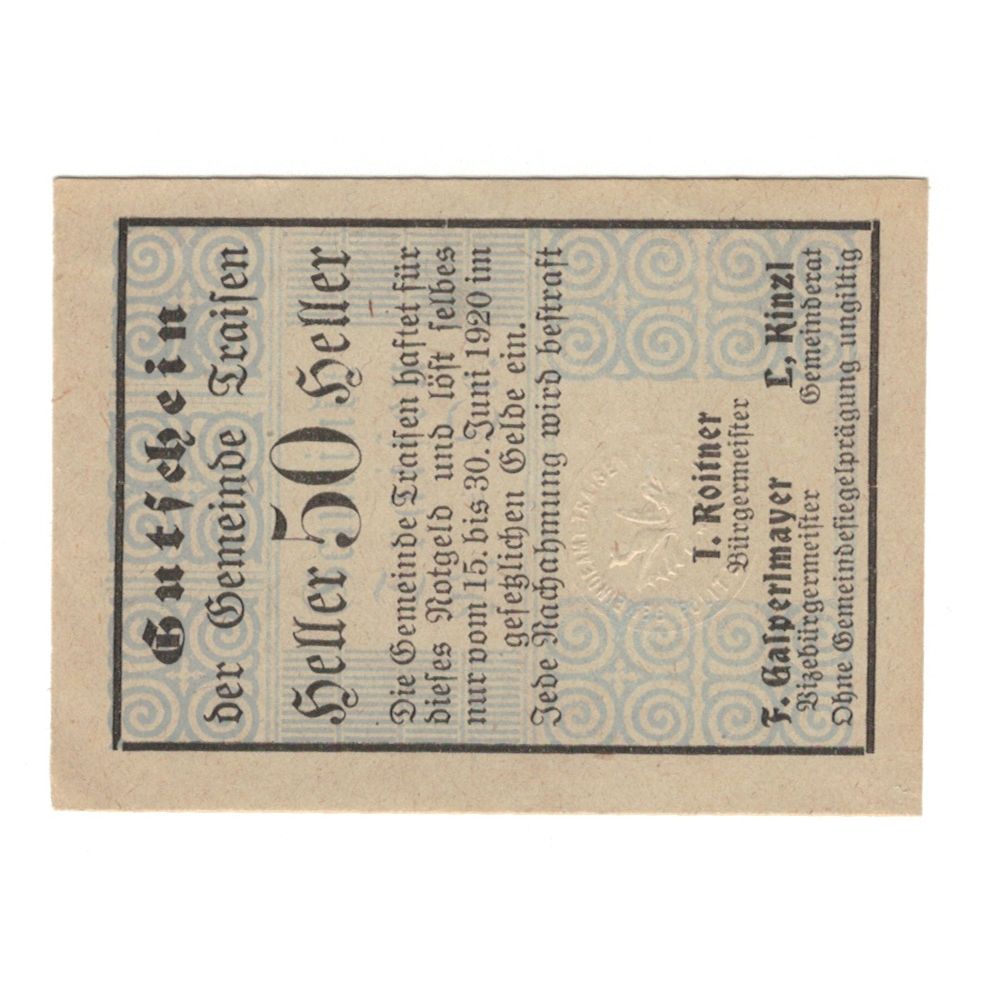Billete, Austria, Traisen N.Ö. Gemeinde, 50 Heller, N.D, 1920, 1920-06-30, EBC