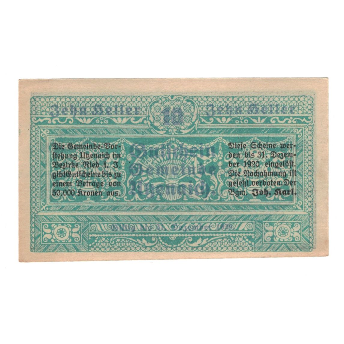 Billete, Austria, Utzenaich O.Ö. Gemeinde, 10 Heller, Texte, 1920, 1920-12-31