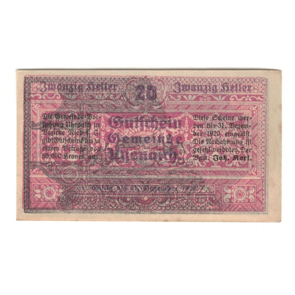 Billete, Austria, Utzenaich O.Ö. Gemeinde, 20 Heller, Texte, 1920, 1920-12-31