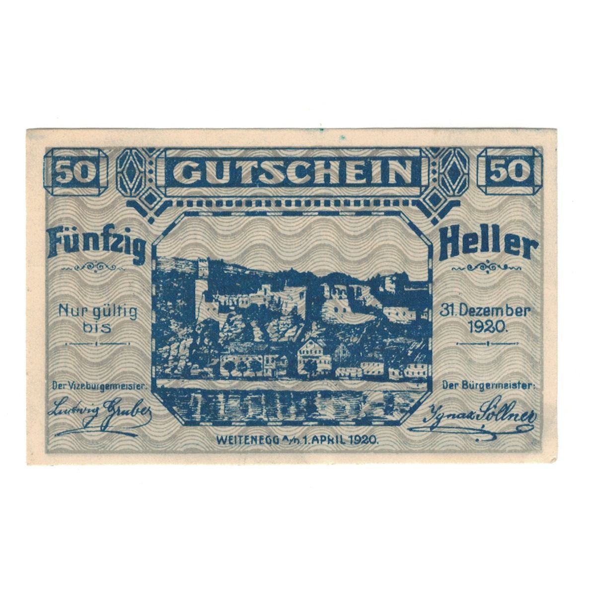 Banknote, Austria, Weitenegg N.Ö. Marktgemeinde, 50 Heller, Texte, 1920